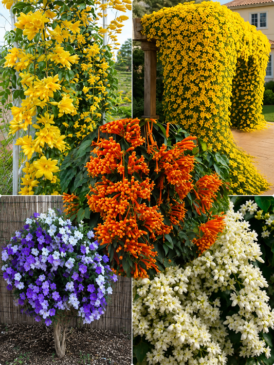 5 Flowering Combo 695/- Golden cascade, Wynorg Trumpet Vine,  Cats claw, ,Yesterday today, Manimulla in Poly bags