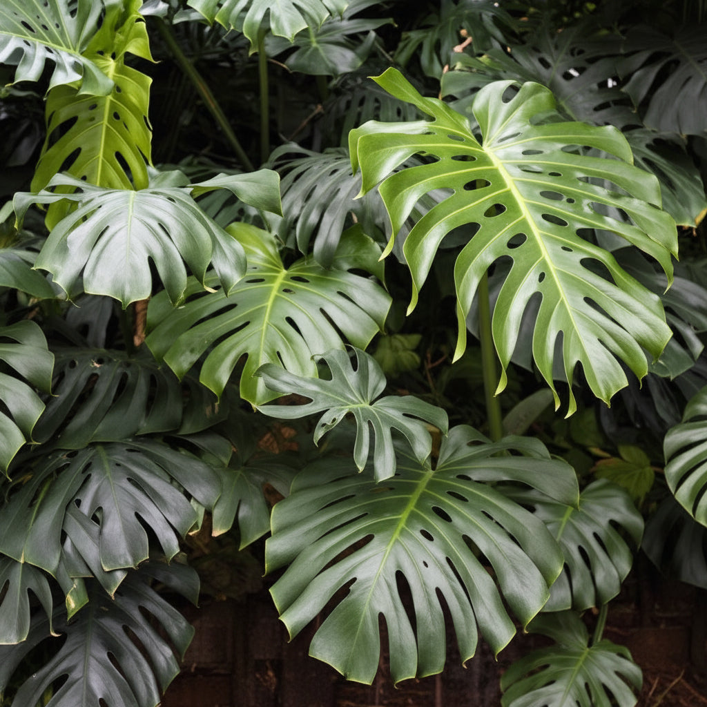 Close-up of green monstera leaves 